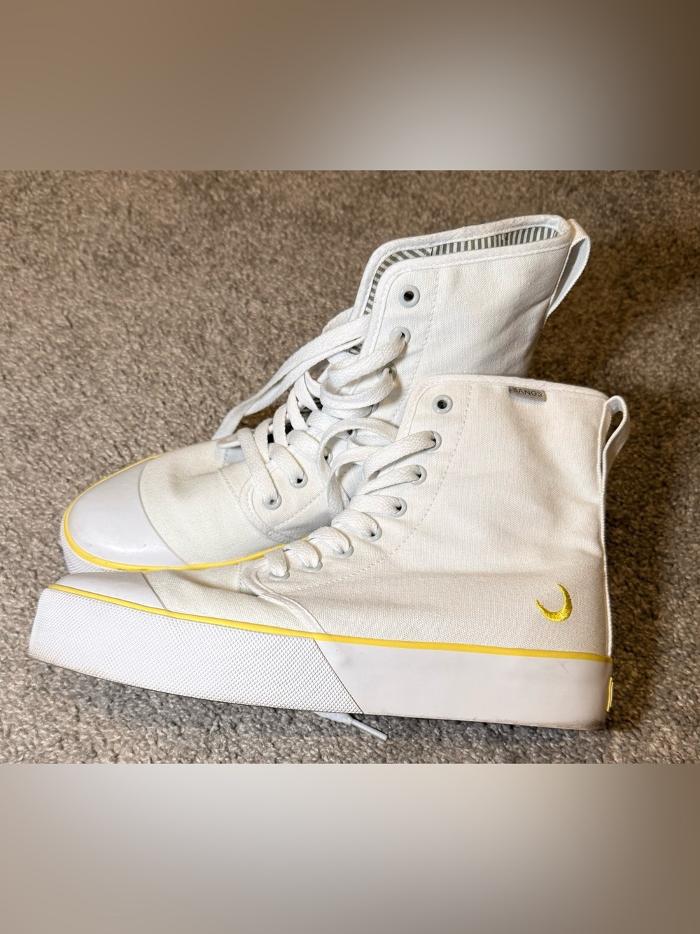 Bangs White High-Top Canvas Sneakers with Yellow Crescent Accent